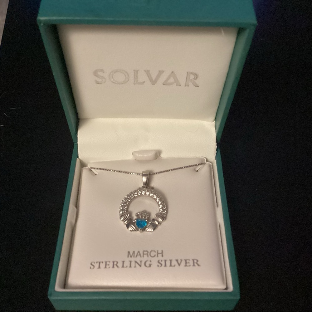 Solvar sterling silver necklace and claddagh march stone charm - Picture 1 of 3